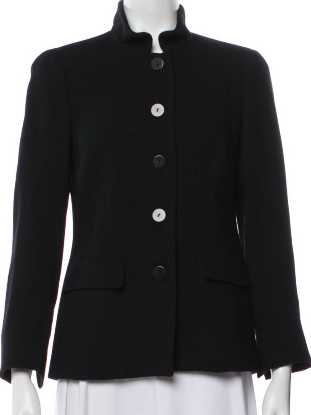 Nina Mclemore Black Wool Jacket Button-Front With Stand Collar Size XS